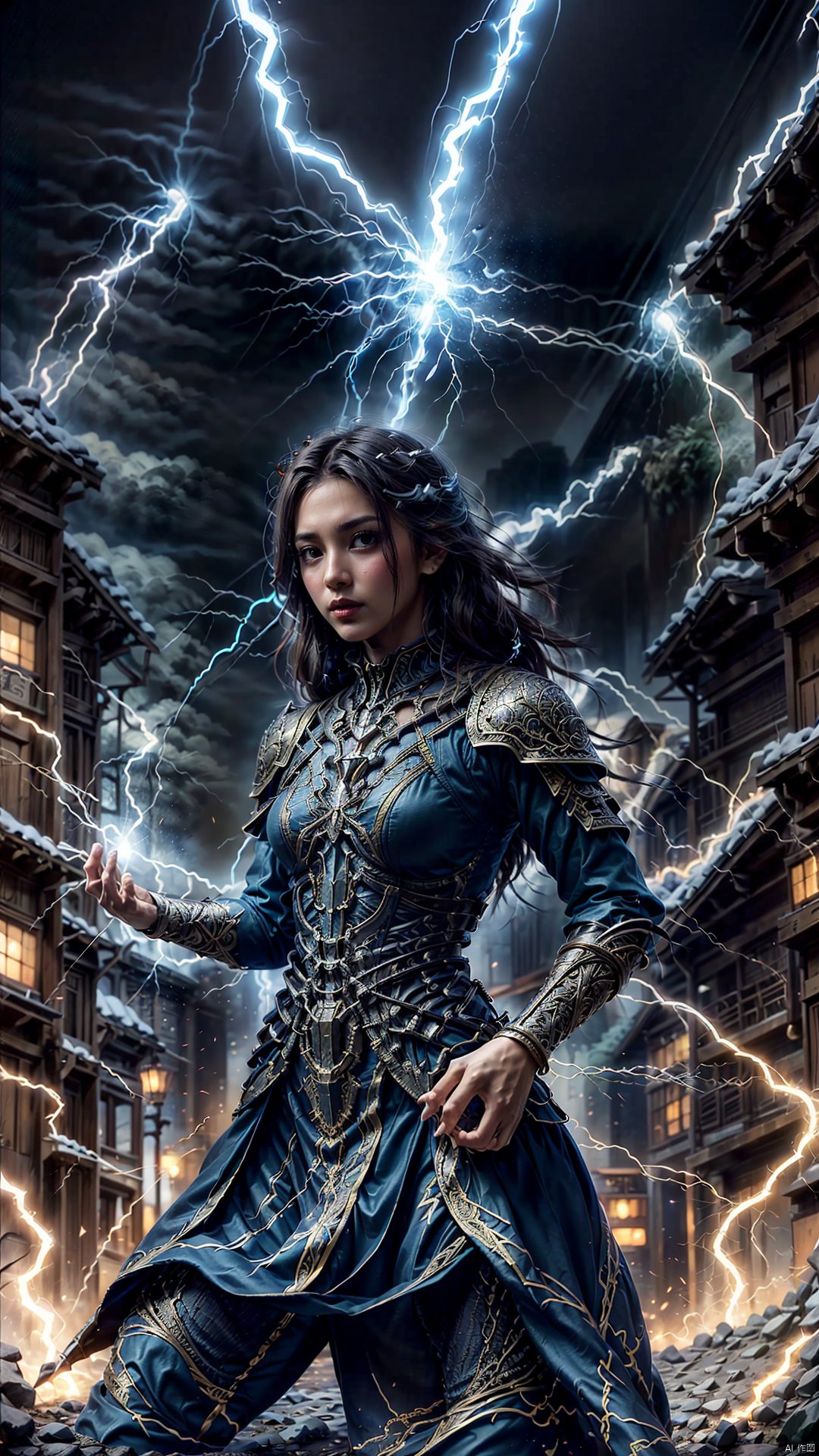 photo of a filipino woman, thunder-hands, electricity, outdoors, open field, exosuit, (from side:0.7), shooting lighting from hands, fighting stance, casting spell, hand slightly raised, (lightning bolt), realistic, masterpiece, intricate details, detailed background, depth of field,