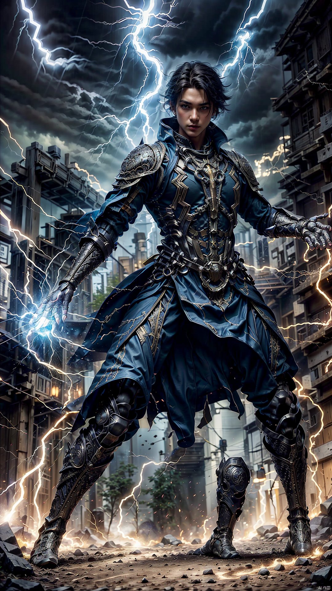 photo of a filipino man, thunder-hands, electricity, outdoors, open field, exosuit, (from side:0.7), shooting lighting from hands, fighting stance, casting spell, hand slightly raised, (lightning bolt), realistic, masterpiece, intricate details, detailed background, depth of field,