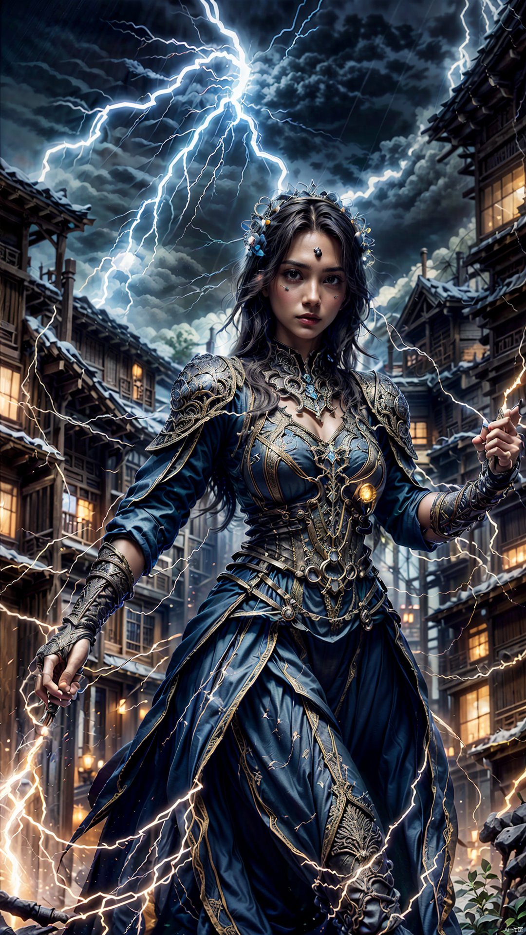 photo of a filipino woman, thunder-hands, electricity, outdoors, open field, exosuit, (from side:0.7), shooting lighting from hands, fighting stance, casting spell, hand slightly raised, (lightning bolt), realistic, masterpiece, intricate details, detailed background, depth of field, thunder staff, BY MOONCRYPTOWOW