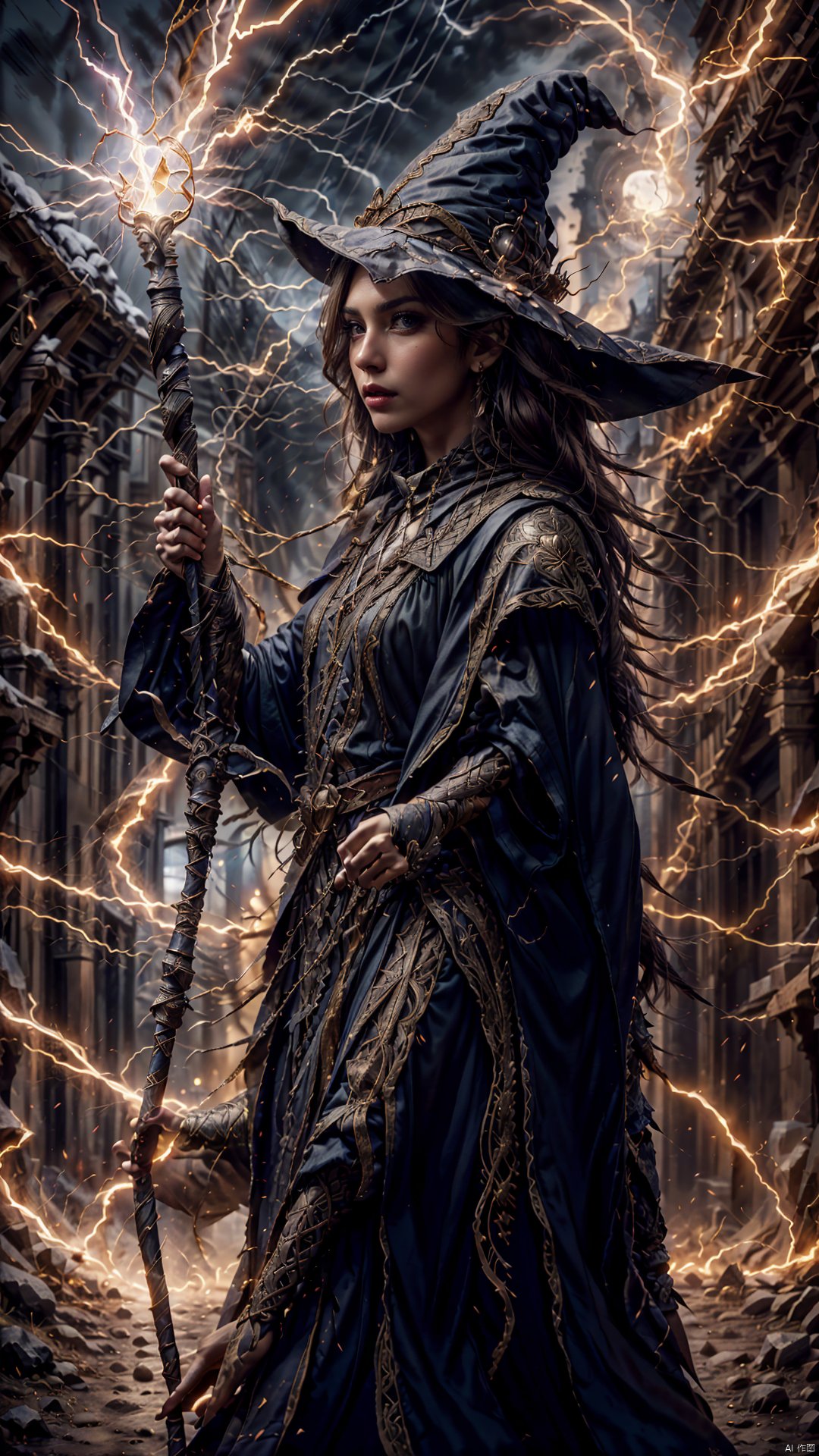 photo of a swedish woman, thunder-staff, electricity, outdoors, holding staff, wizard robe, witch hat, from side, realistic, masterpiece, intricate details, detailed background, depth of field, thunder staff, VICTory, BY MOONCRYPTOWOW