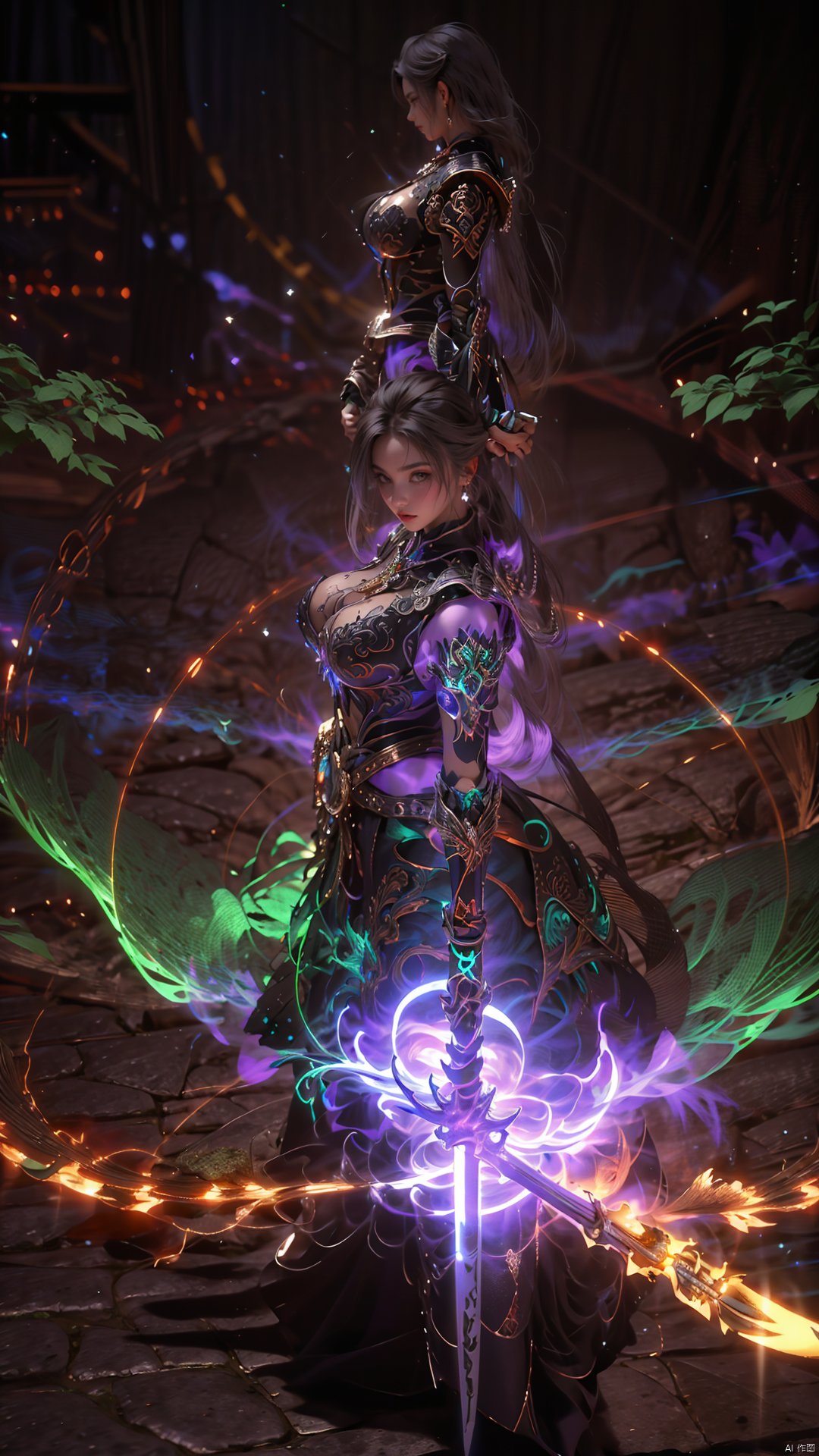 1girl,  breasts, solo, green, dress, eyes, coat, the, forest on background, (mage staff: 1.3),  l2lightweapon, (purple light: 1.3), from above, mountains, (masterpiece: 1.2), (best quality: 1.2), , L2Lightweapon