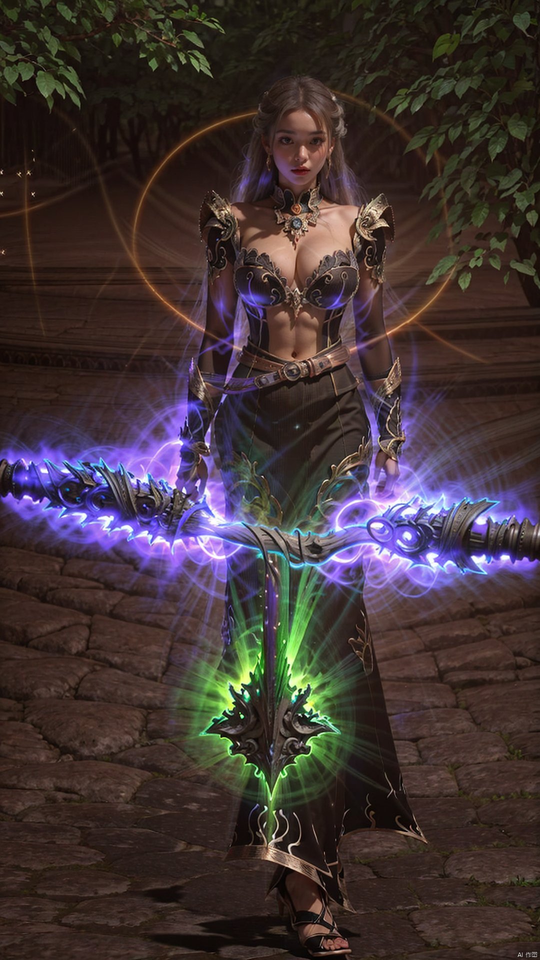 1girl,  breasts, solo, green, dress, eyes, coat, the, forest on background, (mage staff: 1.3),  l2lightweapon, (purple light: 1.3), from above, mountains, (masterpiece: 1.2), (best quality: 1.2), , thunder staff