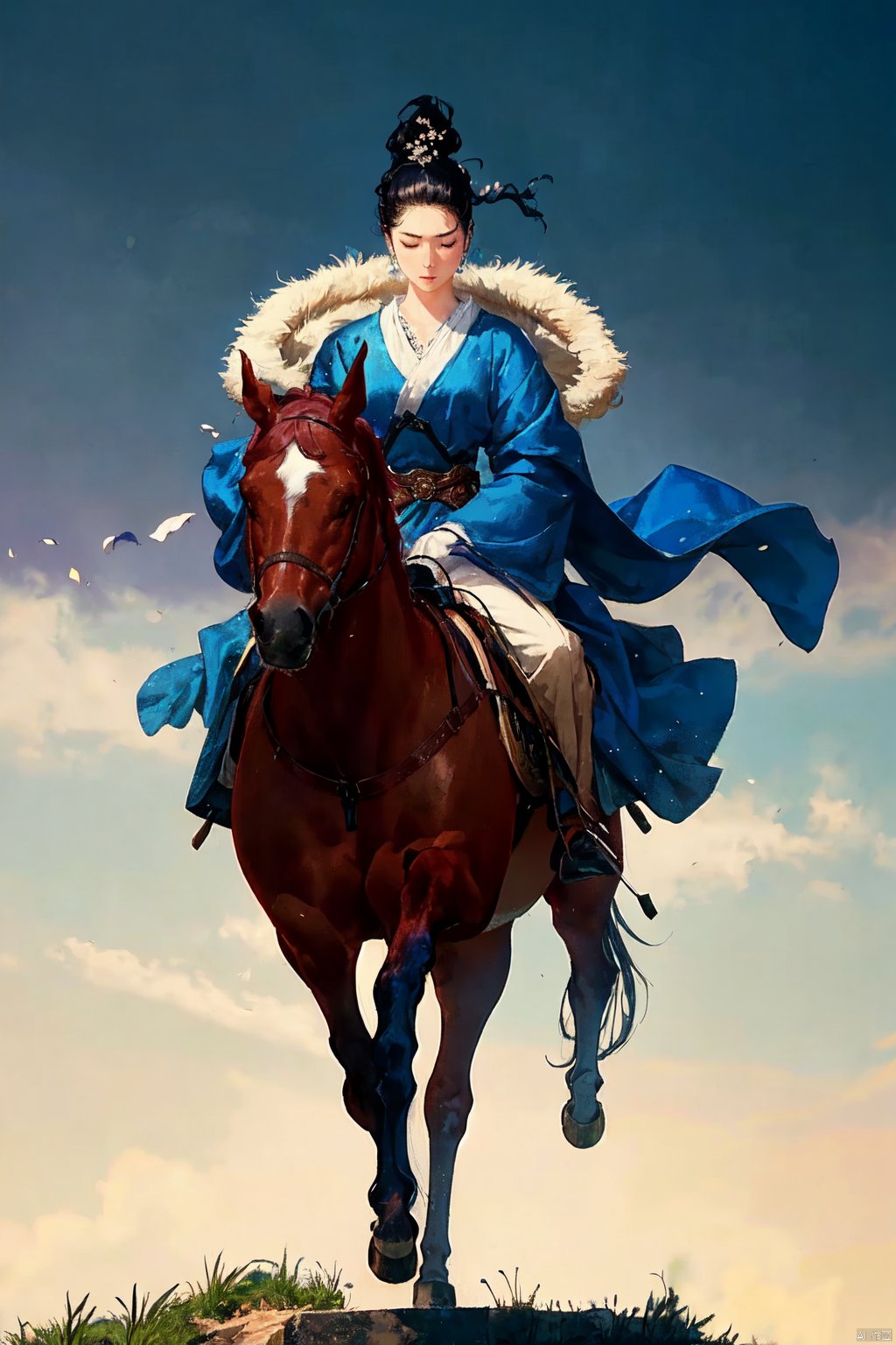  The image is a captivating scene of a woman dressed in a flowing blue outfit, riding a horse that is a mix of a fish and a horse. The woman's dress accentuates her elegance and grace, while her hair is styled in an intricate updo. The horse has a fish-like tail and back legs and horse-like front legs. The lighting in the image is soft and diffused, creating a dreamy atmosphere. The colors are vibrant and rich, with the blue hues in the woman's dress and the horse's fur standing out against the white background. The image is well-composed and skillfully executed, with the woman and the horse occupying the majority of the frame. The quality of the image is excellent, with no visible noise or graininess. The image can be described as dreamy and ethereal, capturing a moment of beauty and tranquility. The use of fantasy elements and the blending of different creatures adds a unique touch to the scene. Overall, the image is a stunning piece of art that showcases the photographer's talent and creativity. It is a perfect representation of the photographer's style and skill in capturing moments of beauty and fantasy.