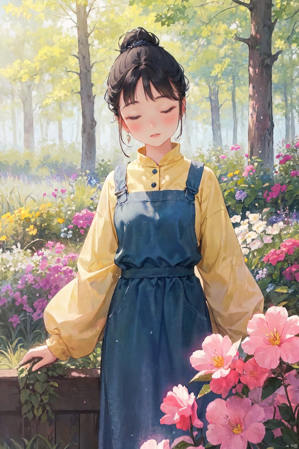  Upon examining the image, I would describe it as a beautiful watercolor painting that captures a serene and idyllic scene. The young girl in the yellow dress stands out against the backdrop of a field of bright pink flowers, creating a striking contrast of colors. The light in the painting is soft and diffused, creating a sense of warmth and tranquility. The colors used in the painting are vibrant and bold, making the image feel lively and dynamic. The style of the painting is whimsical and dreamy, evoking a sense of wonder and imagination. The quality of the painting is excellent, with meticulous attention to detail in the girl's dress, the flowers, and the overall composition of the scene. The emotions conveyed in the painting are peaceful and joyful, as if the girl is enjoying a moment of pure happiness in the midst of nature. Overall, this is a beautiful and captivating painting that captures the essence of innocence, beauty, and joy.