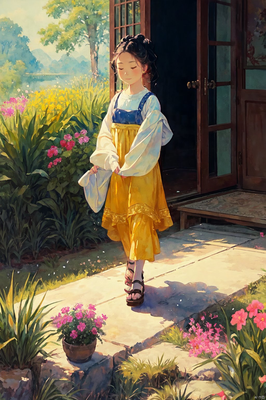  Upon examining the image, I would describe it as a beautiful watercolor painting that captures a serene and idyllic scene. The young girl in the yellow dress stands out against the backdrop of a field of bright pink flowers, creating a striking contrast of colors. The light in the painting is soft and diffused, creating a sense of warmth and tranquility. The colors used in the painting are vibrant and bold, making the image feel lively and dynamic. The style of the painting is whimsical and dreamy, evoking a sense of wonder and imagination. The quality of the painting is excellent, with meticulous attention to detail in the girl's dress, the flowers, and the overall composition of the scene. The emotions conveyed in the painting are peaceful and joyful, as if the girl is enjoying a moment of pure happiness in the midst of nature. Overall, this is a beautiful and captivating painting that captures the essence of innocence, beauty, and joy.