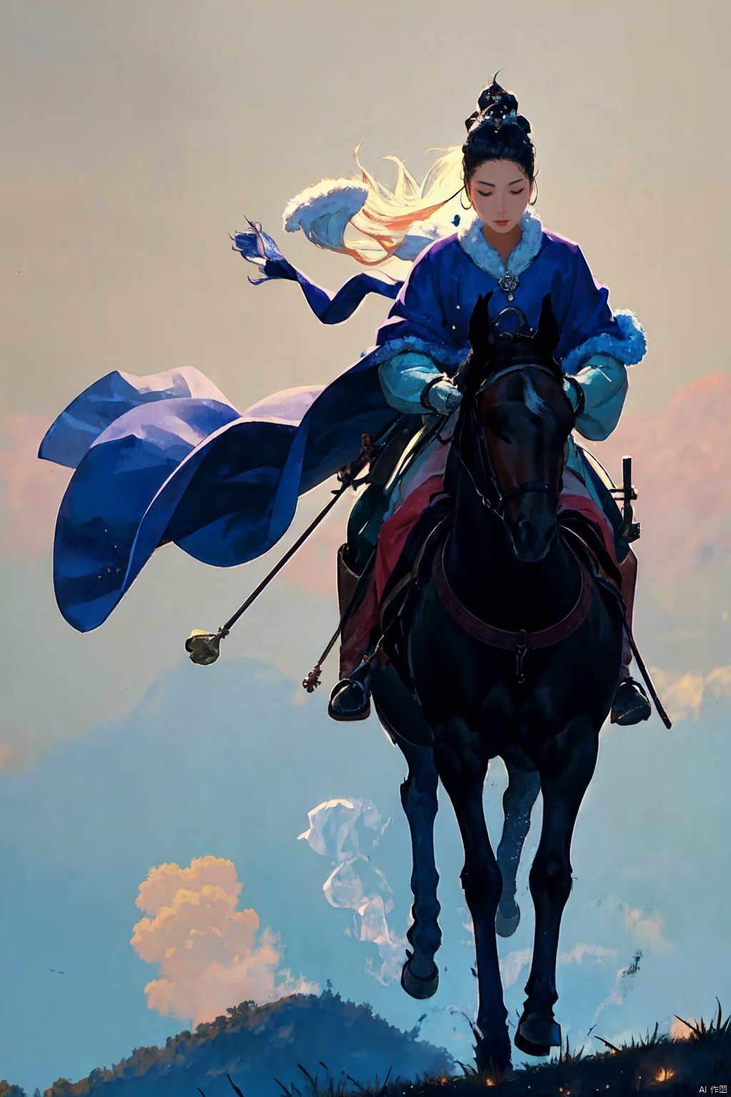 The image is a captivating scene of a woman dressed in a flowing blue outfit, riding a horse that is a mix of a fish and a horse. The woman's dress accentuates her elegance and grace, while her hair is styled in an intricate updo. The horse has a fish-like tail and back legs and horse-like front legs. The lighting in the image is soft and diffused, creating a dreamy atmosphere. The colors are vibrant and rich, with the blue hues in the woman's dress and the horse's fur standing out against the white background. The image is well-composed and skillfully executed, with the woman and the horse occupying the majority of the frame. The quality of the image is excellent, with no visible noise or graininess. The image can be described as dreamy and ethereal, capturing a moment of beauty and tranquility. The use of fantasy elements and the blending of different creatures adds a unique touch to the scene. Overall, the image is a stunning piece of art that showcases the photographer's talent and creativity. It is a perfect representation of the photographer's style and skill in capturing moments of beauty and fantasy.