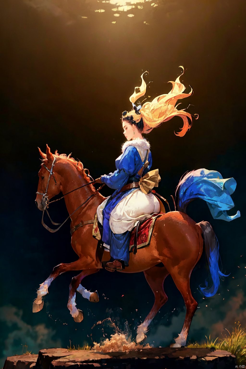  The image is a captivating scene of a woman dressed in a flowing blue outfit, riding a horse that is a mix of a fish and a horse. The woman's dress accentuates her elegance and grace, while her hair is styled in an intricate updo. The horse has a fish-like tail and back legs and horse-like front legs. The lighting in the image is soft and diffused, creating a dreamy atmosphere. The colors are vibrant and rich, with the blue hues in the woman's dress and the horse's fur standing out against the white background. The image is well-composed and skillfully executed, with the woman and the horse occupying the majority of the frame. The quality of the image is excellent, with no visible noise or graininess. The image can be described as dreamy and ethereal, capturing a moment of beauty and tranquility. The use of fantasy elements and the blending of different creatures adds a unique touch to the scene. Overall, the image is a stunning piece of art that showcases the photographer's talent and creativity. It is a perfect representation of the photographer's style and skill in capturing moments of beauty and fantasy.