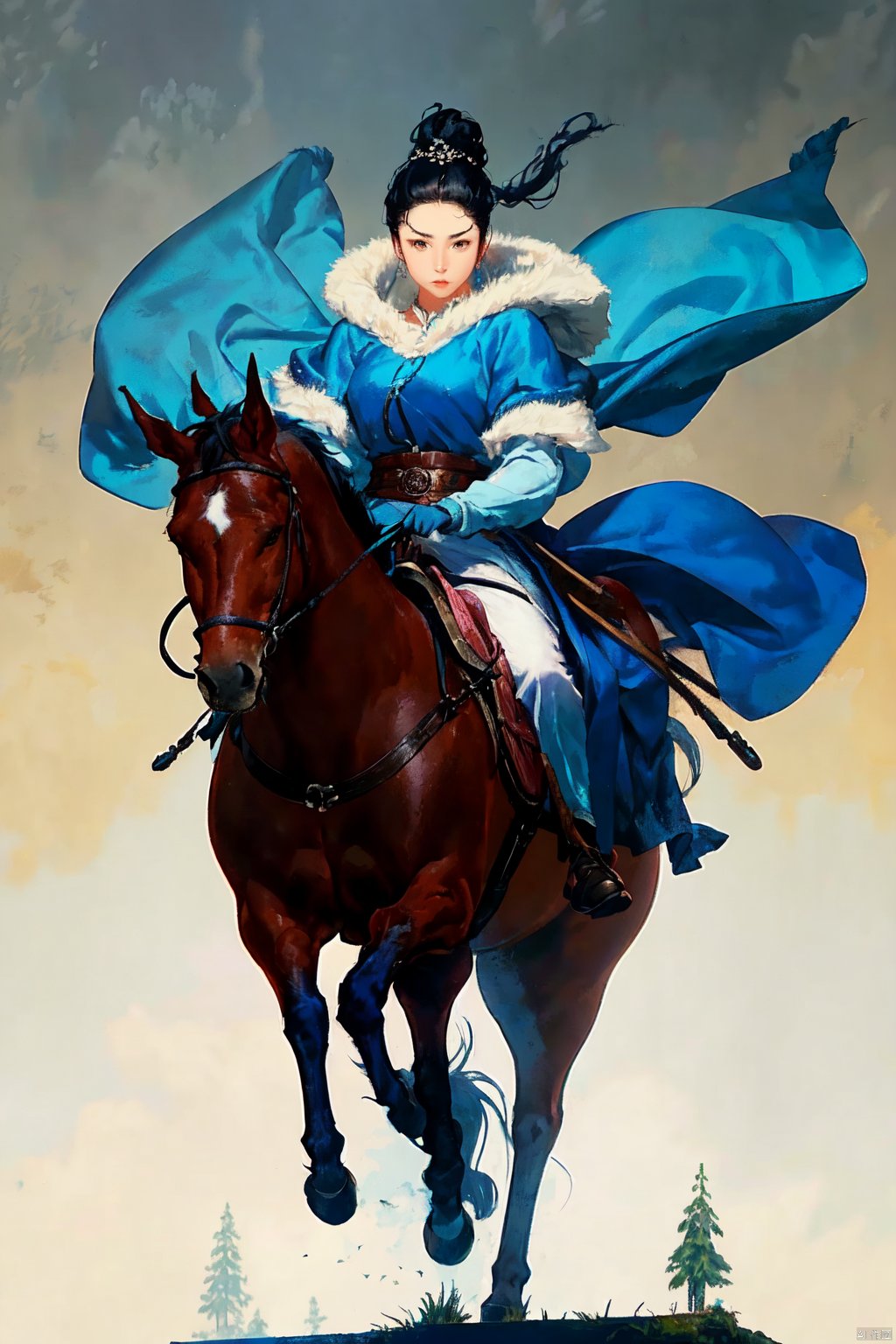  The image is a captivating scene of a woman dressed in a flowing blue outfit, riding a horse that is a mix of a fish and a horse. The woman's dress accentuates her elegance and grace, while her hair is styled in an intricate updo. The horse has a fish-like tail and back legs and horse-like front legs. The lighting in the image is soft and diffused, creating a dreamy atmosphere. The colors are vibrant and rich, with the blue hues in the woman's dress and the horse's fur standing out against the white background. The image is well-composed and skillfully executed, with the woman and the horse occupying the majority of the frame. The quality of the image is excellent, with no visible noise or graininess. The image can be described as dreamy and ethereal, capturing a moment of beauty and tranquility. The use of fantasy elements and the blending of different creatures adds a unique touch to the scene. Overall, the image is a stunning piece of art that showcases the photographer's talent and creativity. It is a perfect representation of the photographer's style and skill in capturing moments of beauty and fantasy.