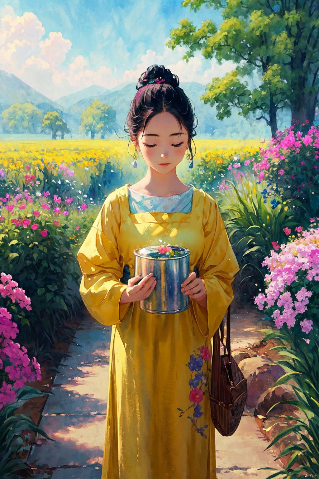  Upon examining the image, I would describe it as a beautiful watercolor painting that captures a serene and idyllic scene. The young girl in the yellow dress stands out against the backdrop of a field of bright pink flowers, creating a striking contrast of colors. The light in the painting is soft and diffused, creating a sense of warmth and tranquility. The colors used in the painting are vibrant and bold, making the image feel lively and dynamic. The style of the painting is whimsical and dreamy, evoking a sense of wonder and imagination. The quality of the painting is excellent, with meticulous attention to detail in the girl's dress, the flowers, and the overall composition of the scene. The emotions conveyed in the painting are peaceful and joyful, as if the girl is enjoying a moment of pure happiness in the midst of nature. Overall, this is a beautiful and captivating painting that captures the essence of innocence, beauty, and joy.