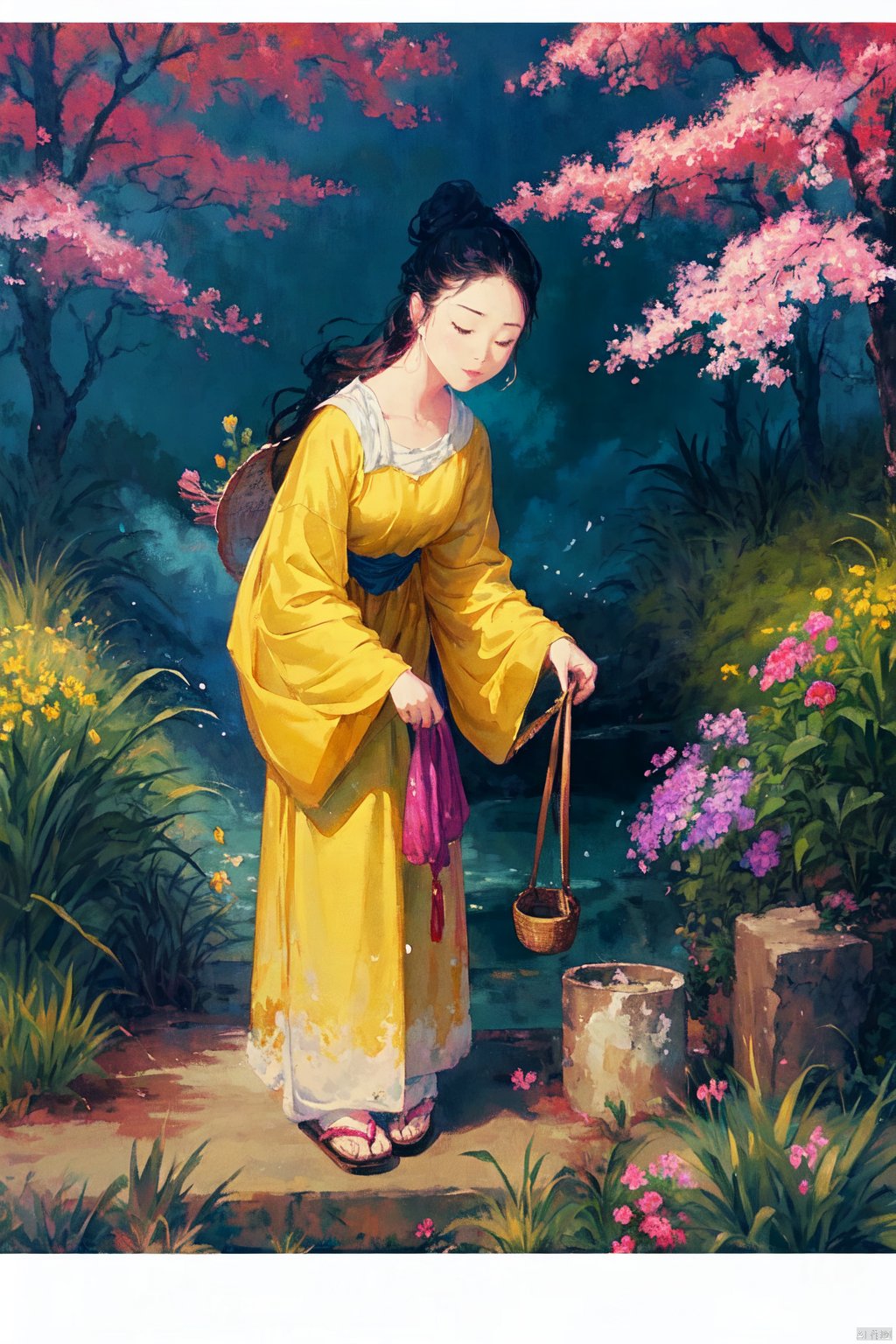  Upon examining the image, I would describe it as a beautiful watercolor painting that captures a serene and idyllic scene. The young girl in the yellow dress stands out against the backdrop of a field of bright pink flowers, creating a striking contrast of colors. The light in the painting is soft and diffused, creating a sense of warmth and tranquility. The colors used in the painting are vibrant and bold, making the image feel lively and dynamic. The style of the painting is whimsical and dreamy, evoking a sense of wonder and imagination. The quality of the painting is excellent, with meticulous attention to detail in the girl's dress, the flowers, and the overall composition of the scene. The emotions conveyed in the painting are peaceful and joyful, as if the girl is enjoying a moment of pure happiness in the midst of nature. Overall, this is a beautiful and captivating painting that captures the essence of innocence, beauty, and joy.