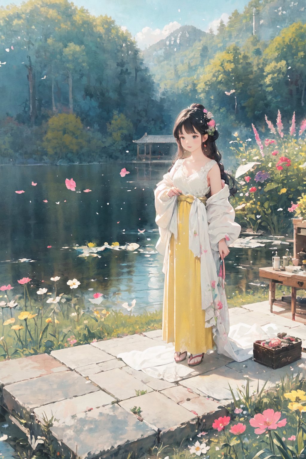  Upon examining the image, I would describe it as a beautiful watercolor painting that captures a serene and idyllic scene. The young girl in the yellow dress stands out against the backdrop of a field of bright pink flowers, creating a striking contrast of colors. The light in the painting is soft and diffused, creating a sense of warmth and tranquility. The colors used in the painting are vibrant and bold, making the image feel lively and dynamic. The style of the painting is whimsical and dreamy, evoking a sense of wonder and imagination. The quality of the painting is excellent, with meticulous attention to detail in the girl's dress, the flowers, and the overall composition of the scene. The emotions conveyed in the painting are peaceful and joyful, as if the girl is enjoying a moment of pure happiness in the midst of nature. Overall, this is a beautiful and captivating painting that captures the essence of innocence, beauty, and joy.