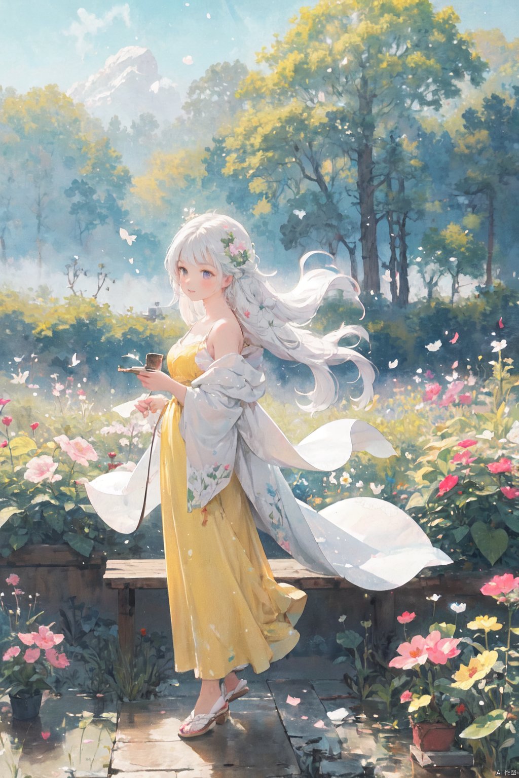  Upon examining the image, I would describe it as a beautiful watercolor painting that captures a serene and idyllic scene. The young girl in the yellow dress stands out against the backdrop of a field of bright pink flowers, creating a striking contrast of colors. The light in the painting is soft and diffused, creating a sense of warmth and tranquility. The colors used in the painting are vibrant and bold, making the image feel lively and dynamic. The style of the painting is whimsical and dreamy, evoking a sense of wonder and imagination. The quality of the painting is excellent, with meticulous attention to detail in the girl's dress, the flowers, and the overall composition of the scene. The emotions conveyed in the painting are peaceful and joyful, as if the girl is enjoying a moment of pure happiness in the midst of nature. Overall, this is a beautiful and captivating painting that captures the essence of innocence, beauty, and joy.