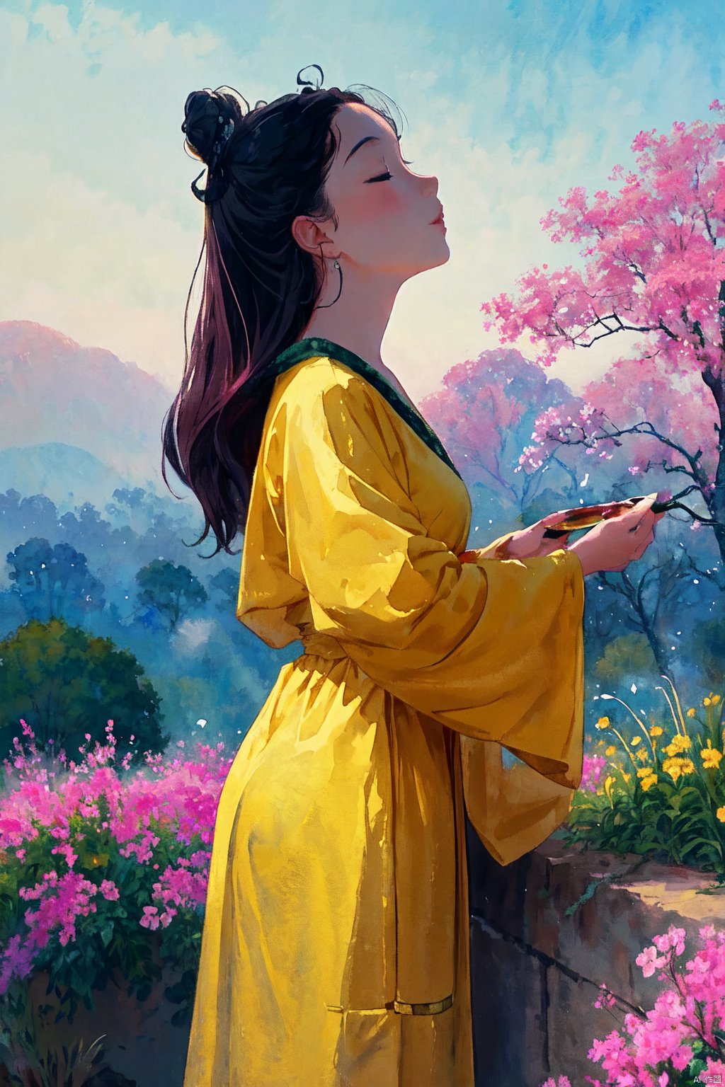  Upon examining the image, I would describe it as a beautiful watercolor painting that captures a serene and idyllic scene. The young girl in the yellow dress stands out against the backdrop of a field of bright pink flowers, creating a striking contrast of colors. The light in the painting is soft and diffused, creating a sense of warmth and tranquility. The colors used in the painting are vibrant and bold, making the image feel lively and dynamic. The style of the painting is whimsical and dreamy, evoking a sense of wonder and imagination. The quality of the painting is excellent, with meticulous attention to detail in the girl's dress, the flowers, and the overall composition of the scene. The emotions conveyed in the painting are peaceful and joyful, as if the girl is enjoying a moment of pure happiness in the midst of nature. Overall, this is a beautiful and captivating painting that captures the essence of innocence, beauty, and joy.