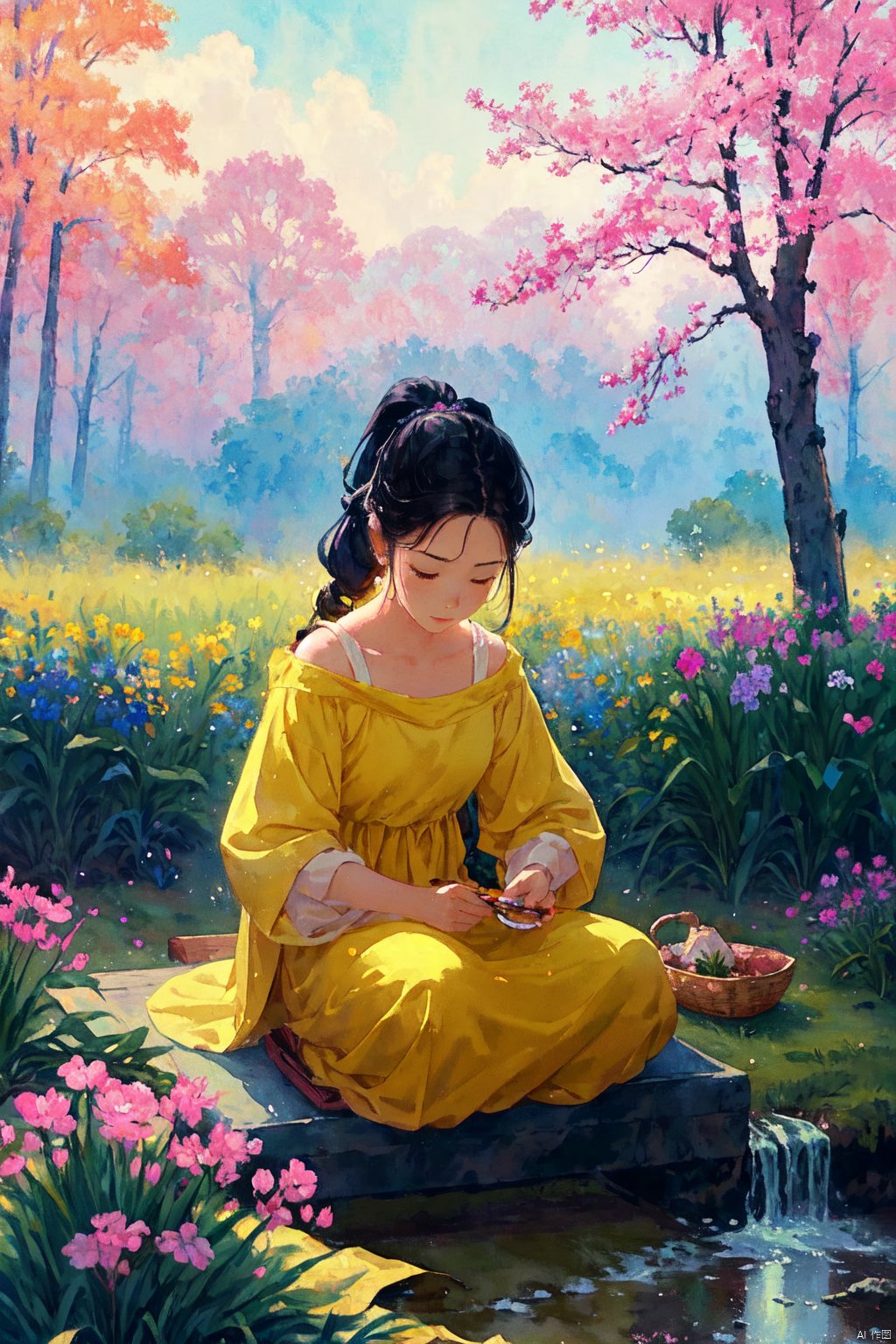  Upon examining the image, I would describe it as a beautiful watercolor painting that captures a serene and idyllic scene. The young girl in the yellow dress stands out against the backdrop of a field of bright pink flowers, creating a striking contrast of colors. The light in the painting is soft and diffused, creating a sense of warmth and tranquility. The colors used in the painting are vibrant and bold, making the image feel lively and dynamic. The style of the painting is whimsical and dreamy, evoking a sense of wonder and imagination. The quality of the painting is excellent, with meticulous attention to detail in the girl's dress, the flowers, and the overall composition of the scene. The emotions conveyed in the painting are peaceful and joyful, as if the girl is enjoying a moment of pure happiness in the midst of nature. Overall, this is a beautiful and captivating painting that captures the essence of innocence, beauty, and joy.