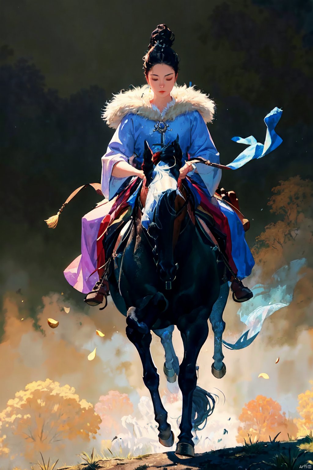  The image is a captivating scene of a woman dressed in a flowing blue outfit, riding a horse that is a mix of a fish and a horse. The woman's dress accentuates her elegance and grace, while her hair is styled in an intricate updo. The horse has a fish-like tail and back legs and horse-like front legs. The lighting in the image is soft and diffused, creating a dreamy atmosphere. The colors are vibrant and rich, with the blue hues in the woman's dress and the horse's fur standing out against the white background. The image is well-composed and skillfully executed, with the woman and the horse occupying the majority of the frame. The quality of the image is excellent, with no visible noise or graininess. The image can be described as dreamy and ethereal, capturing a moment of beauty and tranquility. The use of fantasy elements and the blending of different creatures adds a unique touch to the scene. Overall, the image is a stunning piece of art that showcases the photographer's talent and creativity. It is a perfect representation of the photographer's style and skill in capturing moments of beauty and fantasy.