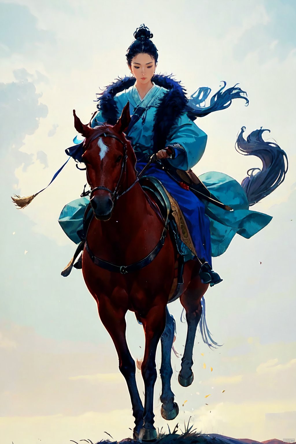  The image is a captivating scene of a woman dressed in a flowing blue outfit, riding a horse that is a mix of a fish and a horse. The woman's dress accentuates her elegance and grace, while her hair is styled in an intricate updo. The horse has a fish-like tail and back legs and horse-like front legs. The lighting in the image is soft and diffused, creating a dreamy atmosphere. The colors are vibrant and rich, with the blue hues in the woman's dress and the horse's fur standing out against the white background. The image is well-composed and skillfully executed, with the woman and the horse occupying the majority of the frame. The quality of the image is excellent, with no visible noise or graininess. The image can be described as dreamy and ethereal, capturing a moment of beauty and tranquility. The use of fantasy elements and the blending of different creatures adds a unique touch to the scene. Overall, the image is a stunning piece of art that showcases the photographer's talent and creativity. It is a perfect representation of the photographer's style and skill in capturing moments of beauty and fantasy.