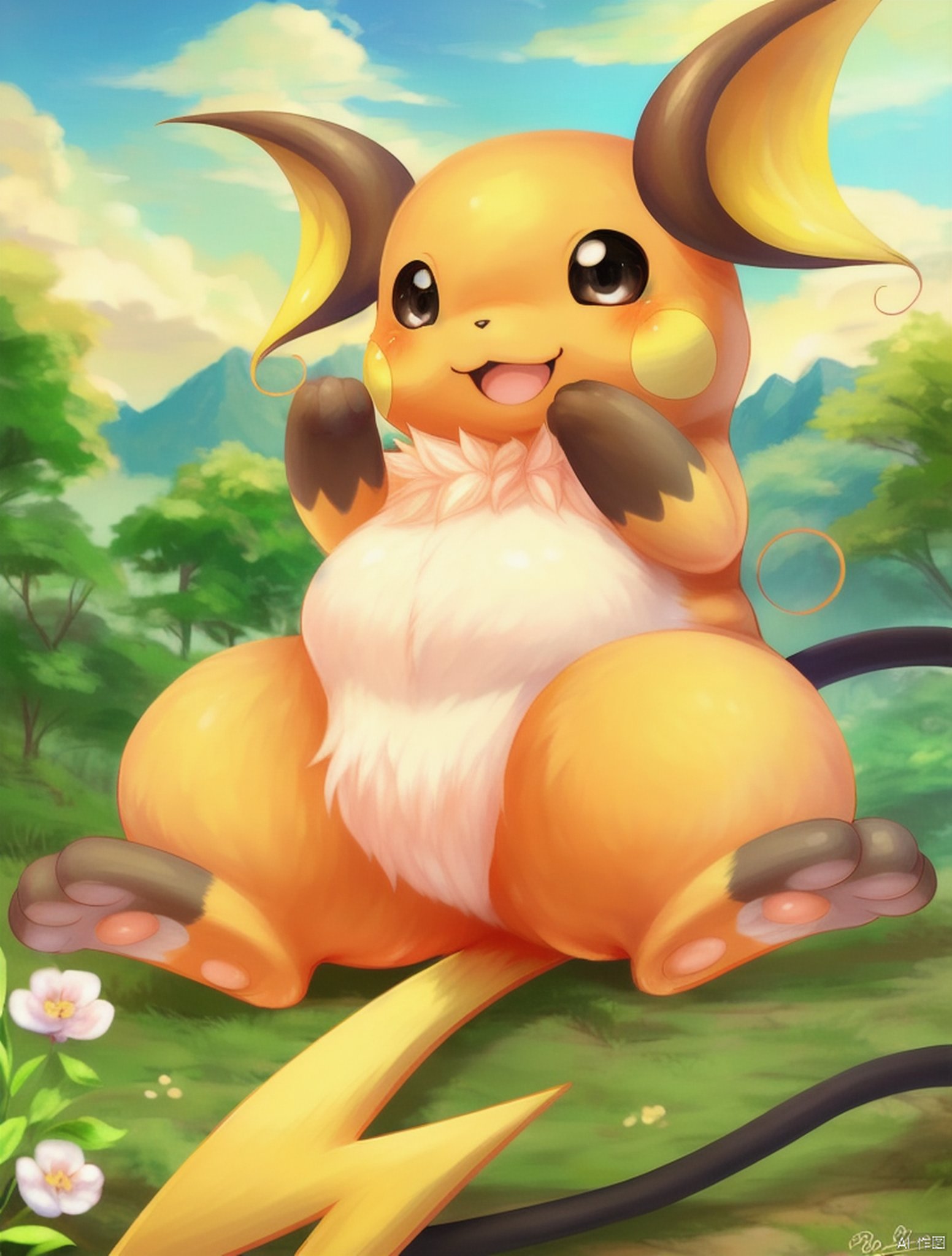 Masterpiece, best quality,raichu,beautiful landscape, solo, no human, happy, pokemon \(creature\), beautiful eyes, fat, flower, , full body, fine hair, a tail, (delicate fur:1.2), (many hair:1.3),3 toes, Brown toes,