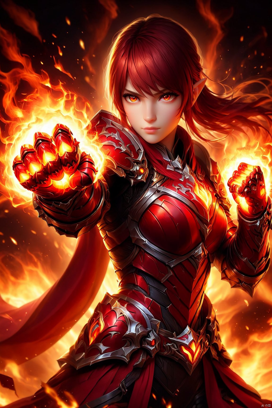 an detailed and realistic image of a female fantasy game character wielding glowing fire fist gauntles, wearing red armor, amazing quality, fire allay in background, HD, masterpiece, best quality, hyper detailed, ultra detailed, Fist Gauntlets