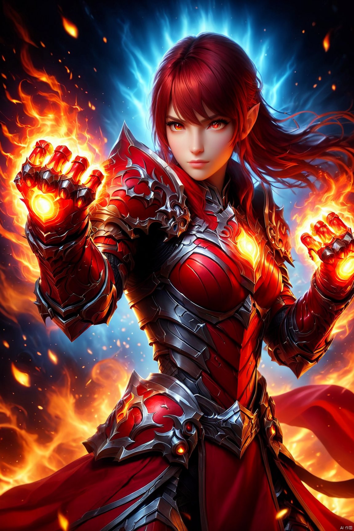 an detailed and realistic image of a female fantasy game character wielding glowing fire fist gauntles, wearing red armor, amazing quality, fire allay in background, HD, masterpiece, best quality, hyper detailed, ultra detailed, Fist Gauntlets