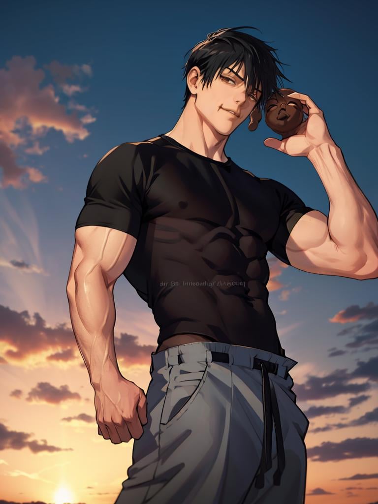 1boy,, masterpiece,best quality, <lora:jjk_fushigurotouji-11:1>,fushiguro toji,muscular male,black hair,black shirt,short sleeves,pants,monster