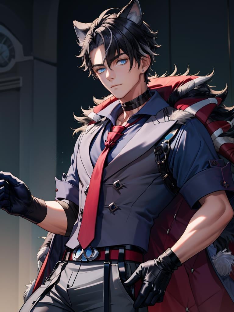 1boy,, masterpiece,best quality, <lora:Wriothesley:1>,handsome,animal ears,black hair,short hair,blue eyes,choker,red necktie,short sleeves,black gloves,shirt,coat,belt,grey pants,fur trim