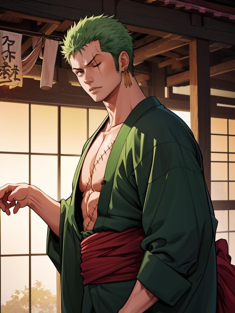 1boy,, masterpiece,best quality, <lora:onepiece_zoro-10:1>,roronoa zoro, muscular male, scar, scar across eye,japanese clothes, green kimono