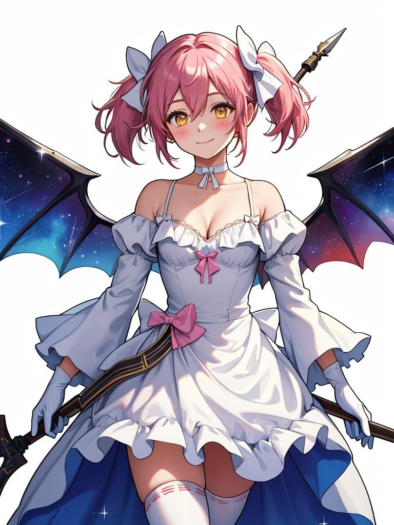 1girl, ultimate madoka, kaname madoka, solo, pink hair, long hair, weapon, thighhighs, gloves, yellow eyes, dress, two side up, bow (weapon), wings, pink thighhighs, looking at viewer, smile, white dress, choker, white gloves, very long hair, bow, holding, breasts, holding weapon, star (sky), collarbone, small breasts, hair bow, ribbon, zettai ryouiki, hair ribbon, frills, light smile, wide sleeves, white background, magical girl, frilled dress, cleavage cutout, simple background, clothing cutout, holding bow (weapon), white ribbon, closed mouth, space, starry sky, backlighting, bangs, white choker, white bow, arrow (projectile), long dress, blush, hair between eyes, cleavage, transparent wings, sparkle, masterpiece,best quality