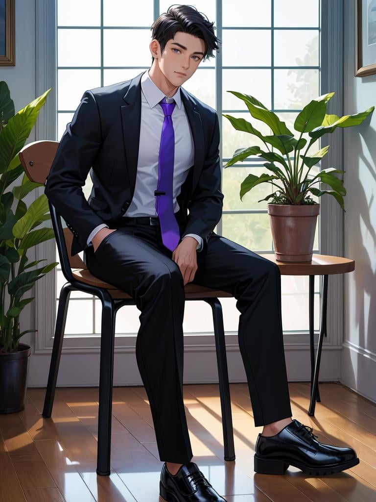 1boy, male focus, sitting, solo, formal, necktie, window, pants, blue necktie, indoors, black pants, chair, black jacket, black footwear, jacket, white shirt, shirt, suit, long sleeves, closed mouth, full body, plant, clock, holding, polo shirt, shoes, masterpiece,best quality