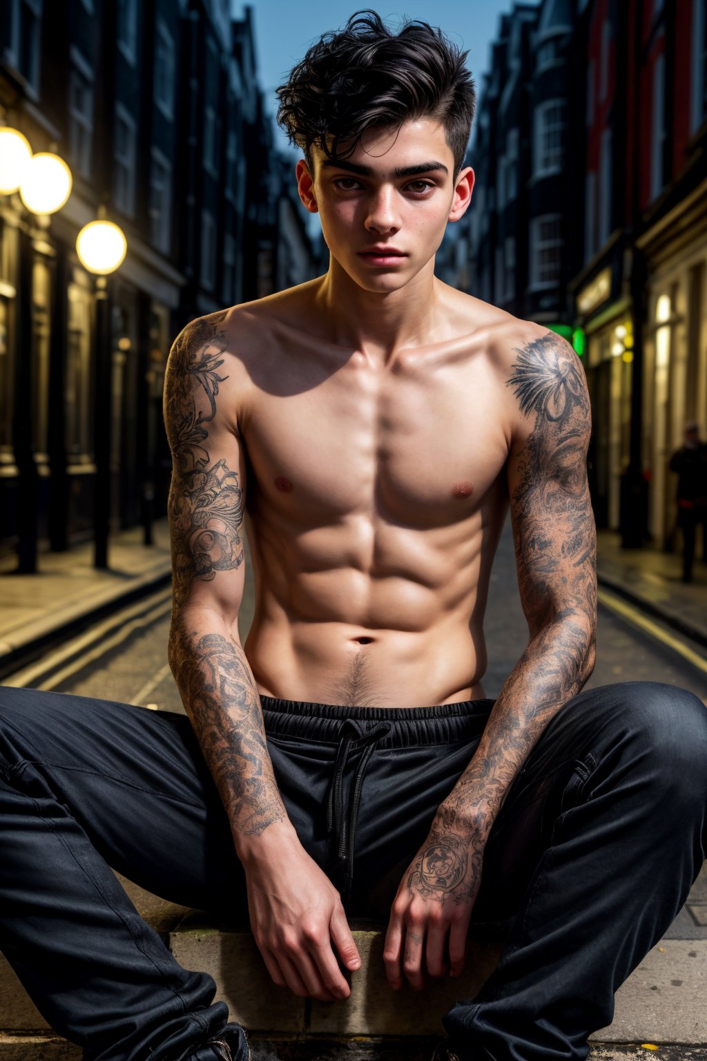 (front view), hyperrealistic, (masterpiece), high details, ultra-realistic, (a slim 20yo man), black hair, brown eyes, shaved, sitting, legs apart, chav, pants, looking at viewer, octan light, 32k, close, blurry background, london street, tattoo