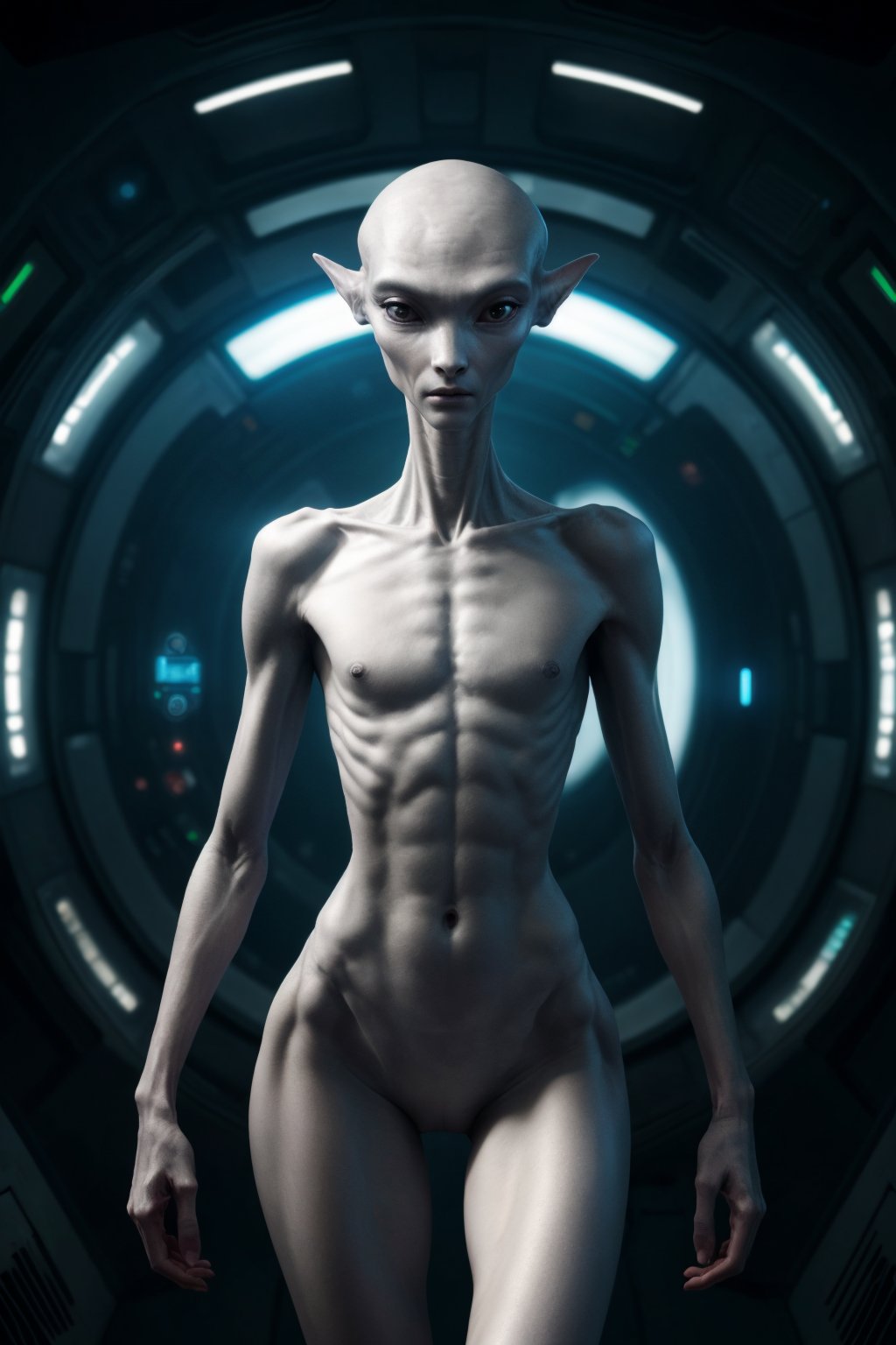 (front view), hyperrealistic, (masterpiece), high details, ultra-realistic, (a slim skinny gray alien), standing, dynamic pose, looking at viewer, octan light, 32k, close, blurry background, in a space station, scifi, portrait+, cinematic, fog