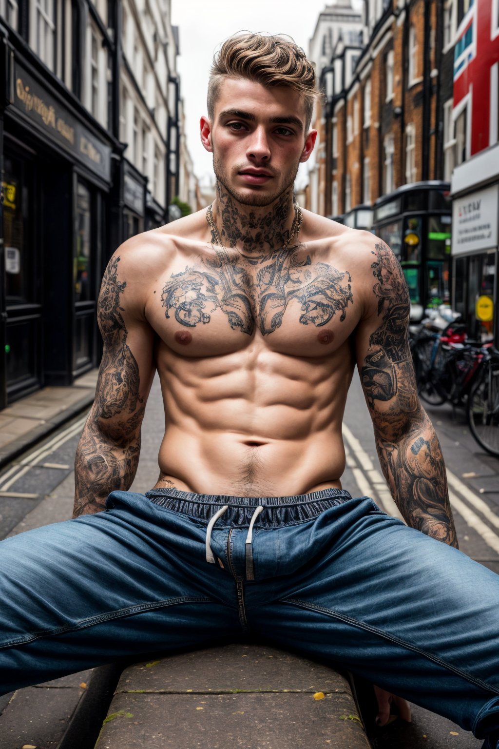 (front view), hyperrealistic, (masterpiece), high details, ultra-realistic, (a slim 30yo man), shaved, sitting, legs apart, chav, pants, looking at viewer, octan light, 32k, close, blurry background, london street, tattoo