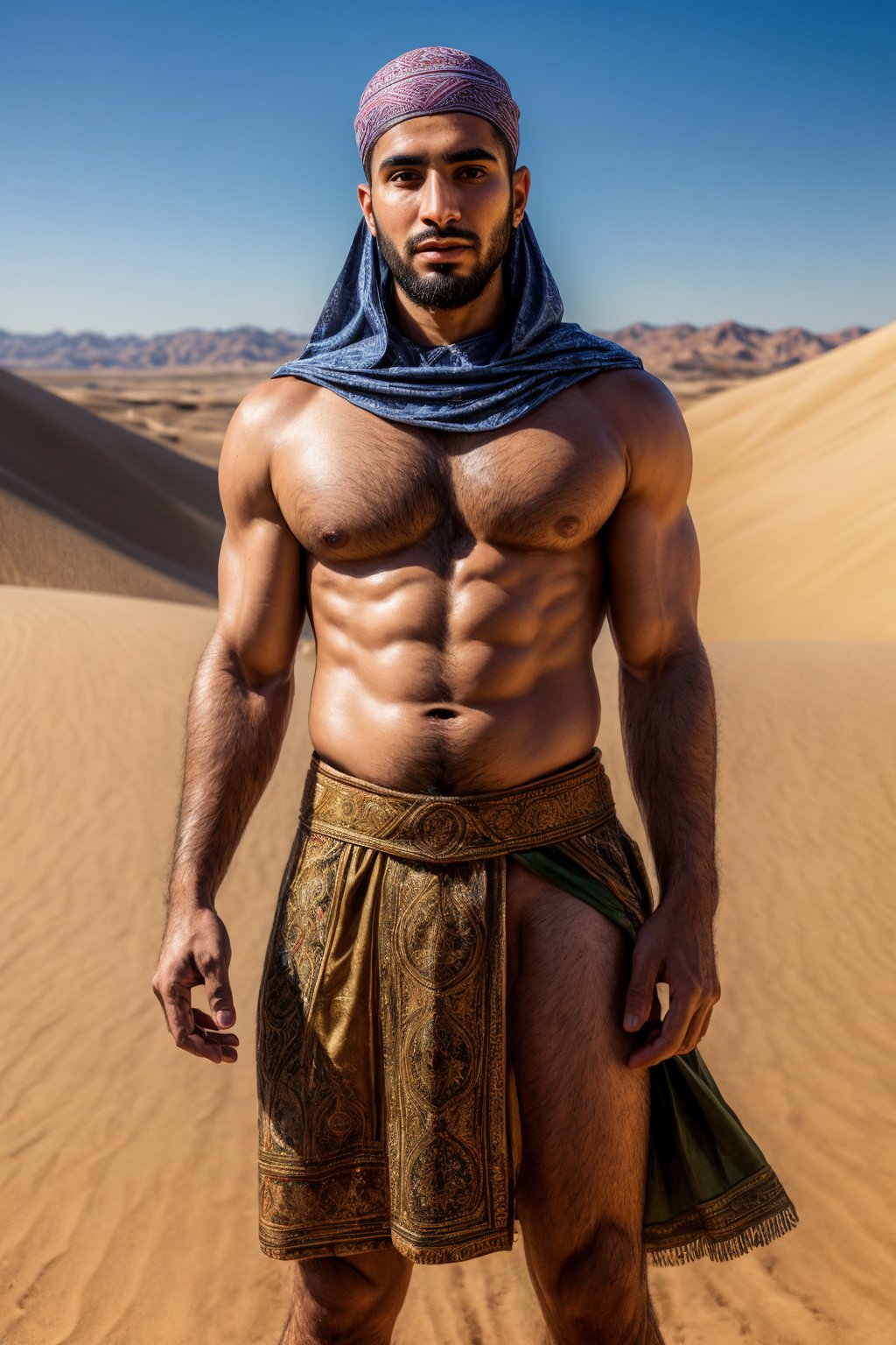 (front view), hyperrealistic, (masterpiece), high details, ultra-realistic, (a muslim 30yo man), Abil Mustafa, shaved, standing, dynamic pose, looking at viewer, octan light, 32k, close, blurry background, in a desert, portrait