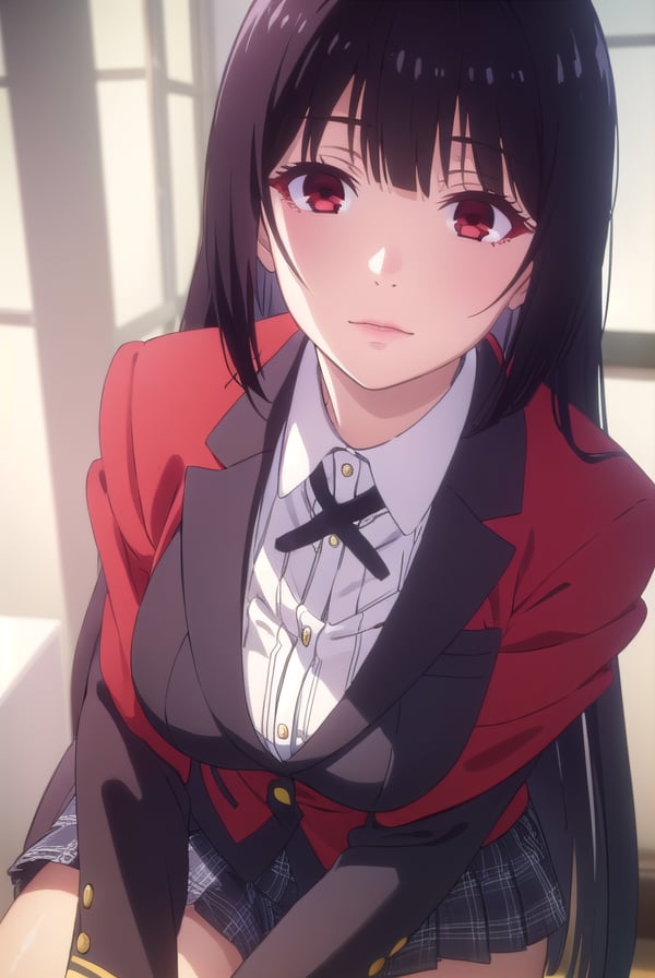 yumekojabami, <lora:yumeko jabami s2-lora-nochekaiser:1>,yumeko jabami, long hair, bangs, black hair, very long hair, blunt bangs, hime cut, (red eyes:1.3), smile,BREAK skirt, shirt, school uniform, jacket, white shirt, pantyhose, pleated skirt, collared shirt, black pantyhose, blazer, red jacket,BREAK indoors, classroom,BREAK looking at viewer, (cowboy shot:1.5),BREAK <lyco:GoodHands-beta2:1>, (masterpiece:1.2), best quality, high resolution, unity 8k wallpaper, (illustration:0.8), (beautiful detailed eyes:1.6), extremely detailed face, perfect lighting, extremely detailed CG, (perfect hands, perfect anatomy),