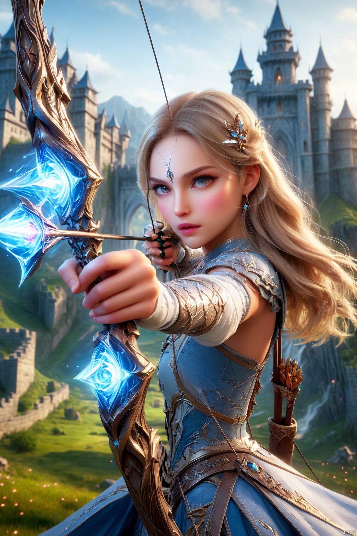 Action shot of a beautiful blonde female princess wielding a magical bow weapon aiming at camera, 8K, HD, amazing quality, castle in background, Anime style, HD, masterpiece, best quality, hyper detailed, ultra detailed, Aiming a bow, Natalie Portman, guangying on face