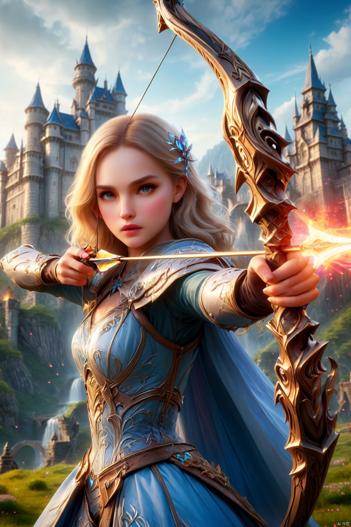 Action shot of a beautiful blonde female princess wielding a magical bow weapon aiming at camera, 8K, HD, amazing quality, castle in background, Anime style, HD, masterpiece, best quality, hyper detailed, ultra detailed, Aiming a bow, Natalie Portman, guangying on face