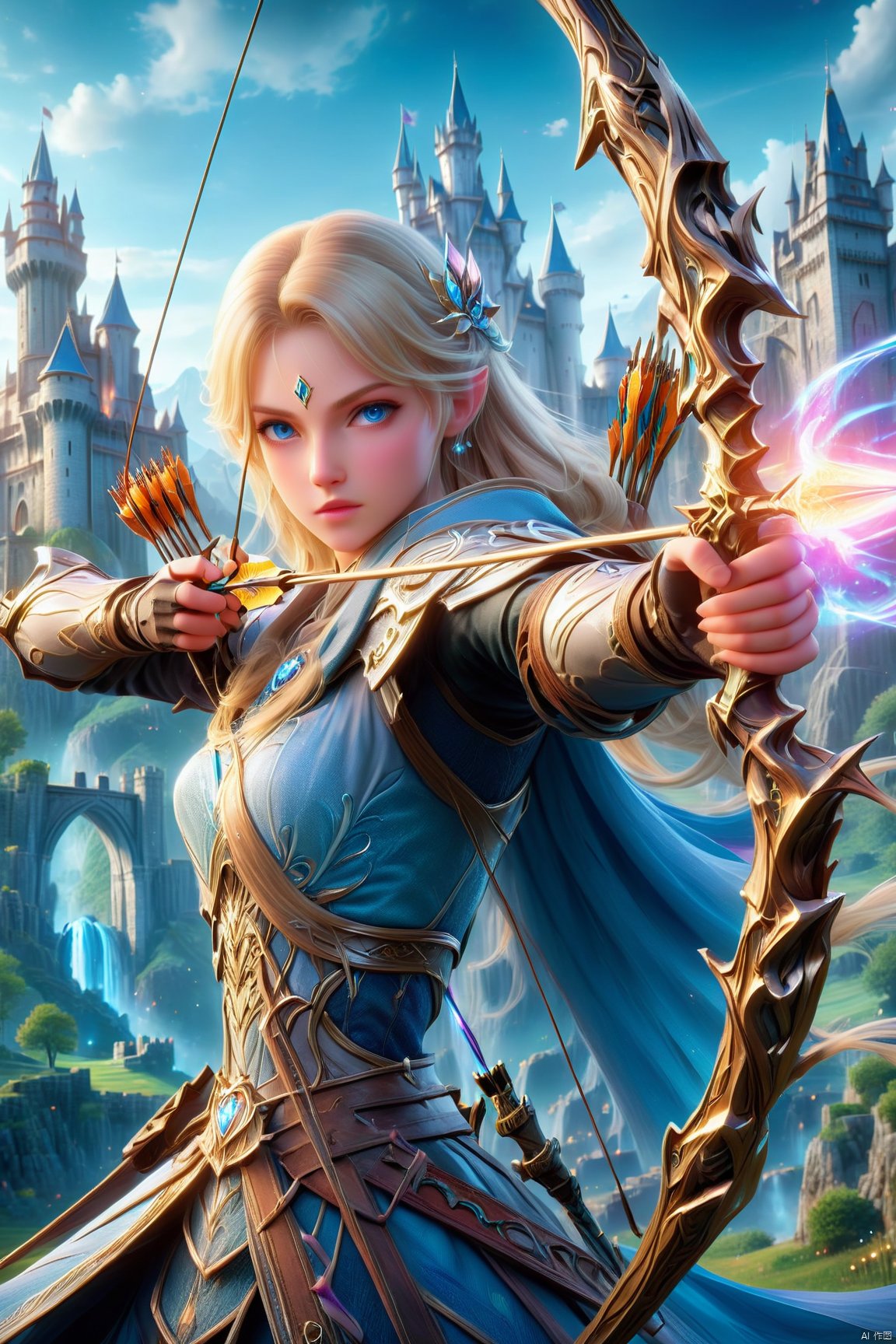 Action shot of a beautiful blonde female princess wielding a magical bow weapon aiming at camera, 8K, HD, amazing quality, castle in background, Anime style, HD, masterpiece, best quality, hyper detailed, ultra detailed,