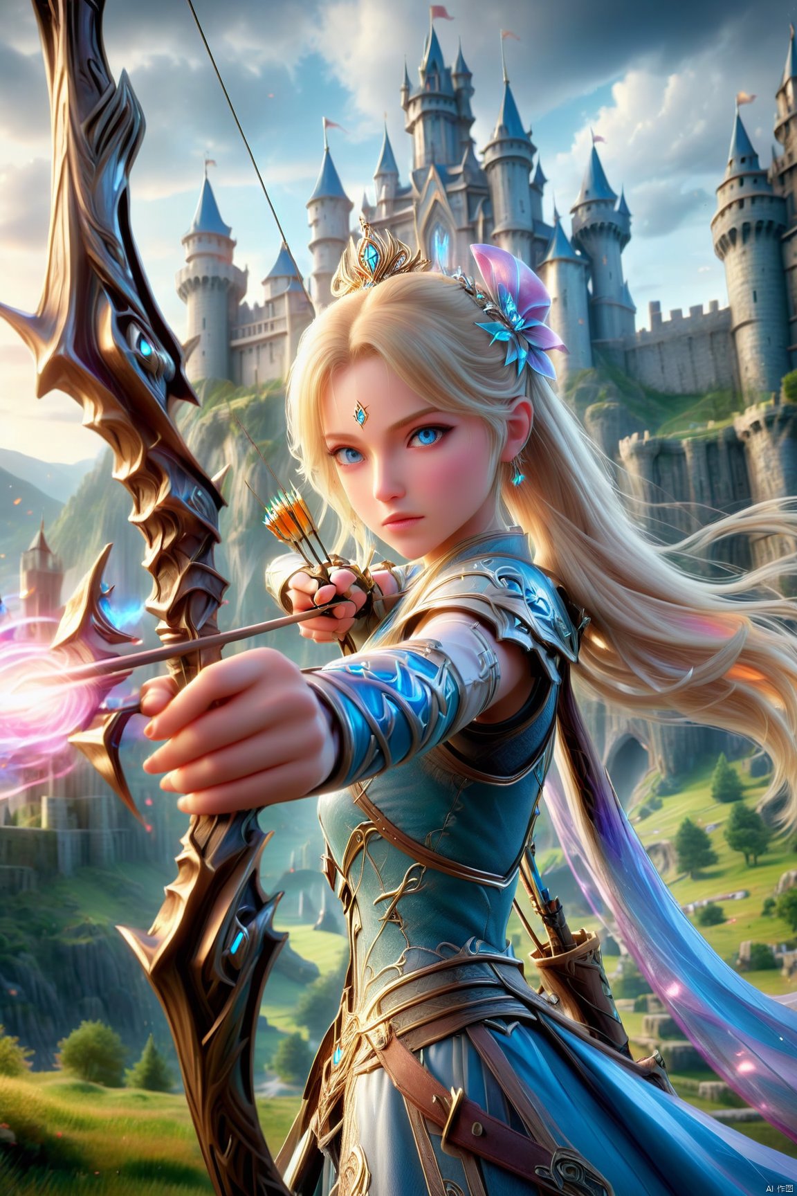 Action shot of a beautiful blonde female princess wielding a magical bow weapon aiming at camera, 8K, HD, amazing quality, castle in background, Anime style, HD, masterpiece, best quality, hyper detailed, ultra detailed,