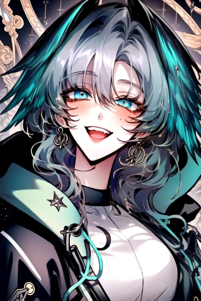 <lora:arknights-Holhaya:1>, <lora:ManhwaMegaUltimate:0.8>,  ((shoujo-style, shoujo, floral background, romance manhwa)), detailed hair, shiny hair, 1girl, :d, black jacket, blue eyes, blush, fangs, grey hair, hair between eyes, head wings, hood, hood down, jacket, long hair, looking at viewer, open mouth, portrait, raised eyebrows, sidelocks, slit pupils, smile, solo, teeth, ho'olheyak arknights, 