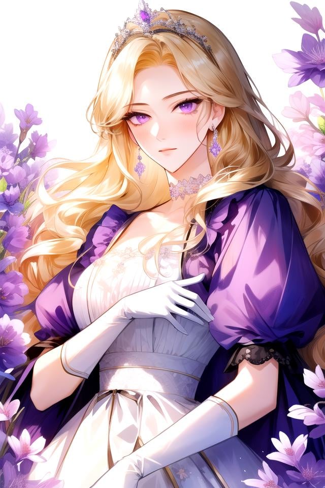 <lora:ManhwaMegaUltimate:0.8>shoujo-style, shoujo, floral background, romance manhwa, 1girl, blonde hair, solo, long hair, flower, dress, tiara, white dress, gloves, long sleeves, choker, purple eyes, white gloves, purple bow, purple flower, wavy hair, standing, bow, jewelry, looking at viewer, white background, closed mouth, collarbone, puffy sleeves, own hands together, upper body, parted bangs, very long hair, purple dress, frills, bangs, cowboy shot