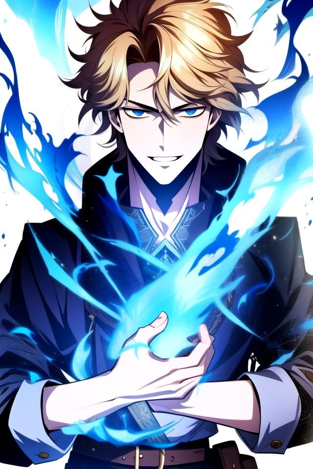 <lora:ManhwaMegaUltimate:1>, fantasy, fantasy-style, reiatsu, 1boy, male focus, solo, blue eyes, aura, looking at viewer, upper body, blonde hair, smile, fire, magic, parted lips, blue fire, belt (((masterpiece))), (highest quality), best quality, highres, (intricate details), 8K, ((perfect face)), (Mature Face:1.4), (beautiful face:1.15), detailed eyes, messy hair