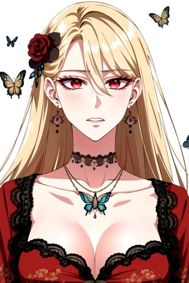 <lora:ManhwaUltima-000039:0.80>shoujo-style, shoujo, romance manhwa, 1girl, detailed hair, blonde hair, red eyes, breasts, jewelry, solo, cleavage, earrings, hair ornament, looking at viewer, bug, butterfly, long hair, dress, necklace, collarbone, large breasts, bangs, upper body, red dress, makeup, simple background, hair flower, parted lips, gem, medium breasts, eyelashes, masterpiece, detailed, (heavy sight), angry, (detailed eyelashes), upper body, hair between eyes, bangs, closed mouth, messy hair, white background,