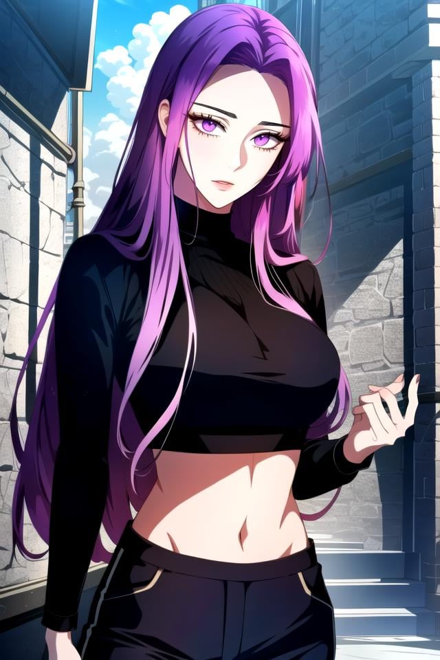 ,  ,(fantasy-style), ((detailed hair, detailed eyelashes, bangs)),manhwa-scenery, 1girl, black sweater, blue sky, blush, breasts, cloud, contrapposto, cowboy shot, crop top, day, fingernails, forehead,  hand on own hip, large breasts, long hair, long sleeves, looking at viewer, midriff, navel, outdoors, pants, purple eyes, purple hair, ribbed sweater, sky, solo, sweater, turtleneck sweater, very long hair, medusa fate, ((perfect face)), (Mature Face:1.4), (beautiful face:1.15), detailed eyes, very deep eyes, messy hair, detailed finger, (masterpiece), (highest quality), best quality, highres, 8K, extremely detailed, Digital Art, (Hyper-Detailed Background:1.2), (realistic background),  (intricate details), award-winning, hyper-detailed, (illustration:1.1), (cinematic lighting), soft lighting,