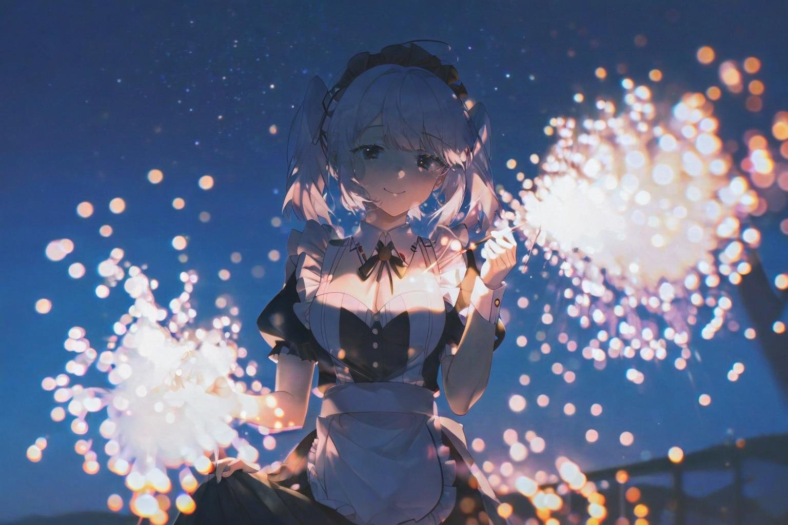 (masterpiece, best_quality:1.2), by konya karasue, 1girl, solo, short twintails, blunt bangs, white hair, sidelocks, black eyes, maid, maid apron, cleavage cutout, medium breasts, <lora:KonyaKarasueOffsetColor1:1>, bokeh, blurry, sparkler, night, outdoors, depth of field, sky, smile, upper body