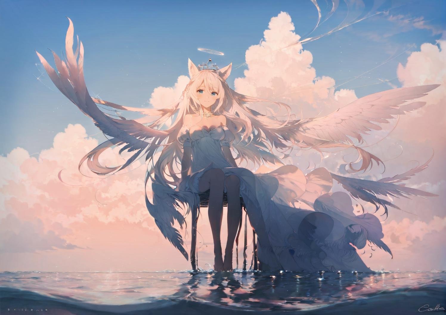 (masterpiece, best_quality:1.2), by rella, 1girl, solo, blue eyes, white dress, tiara, white hair, bangs, long hair, medium breasts, angel wings, feathered wings, puffy short sleeves, fox ears, smile, sitting, outdoors, sky, barefoot, cloud, water, floating hair, halo, cloudy sky, horizon, angel, <lora:RellaOffsetNoiseColorOffset1:1>