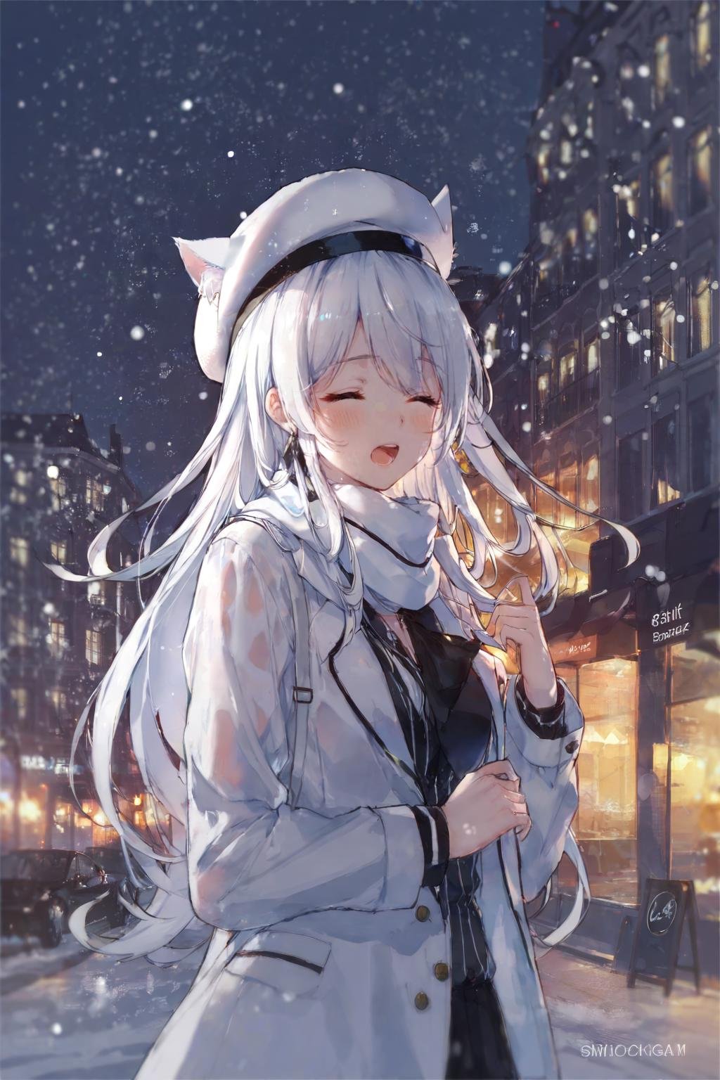 (masterpiece, best_quality:1.2), by swd3e22, 1girl, solo, striped shirt, white shirt, white scarf, closed eyes, open mouth, white hair, long hair, bangs, beret, white headwear, cat ears, <lora:swd3e22NoiseColorOffset1:1>, night, snow, building, (upper body), blurry, blurry background