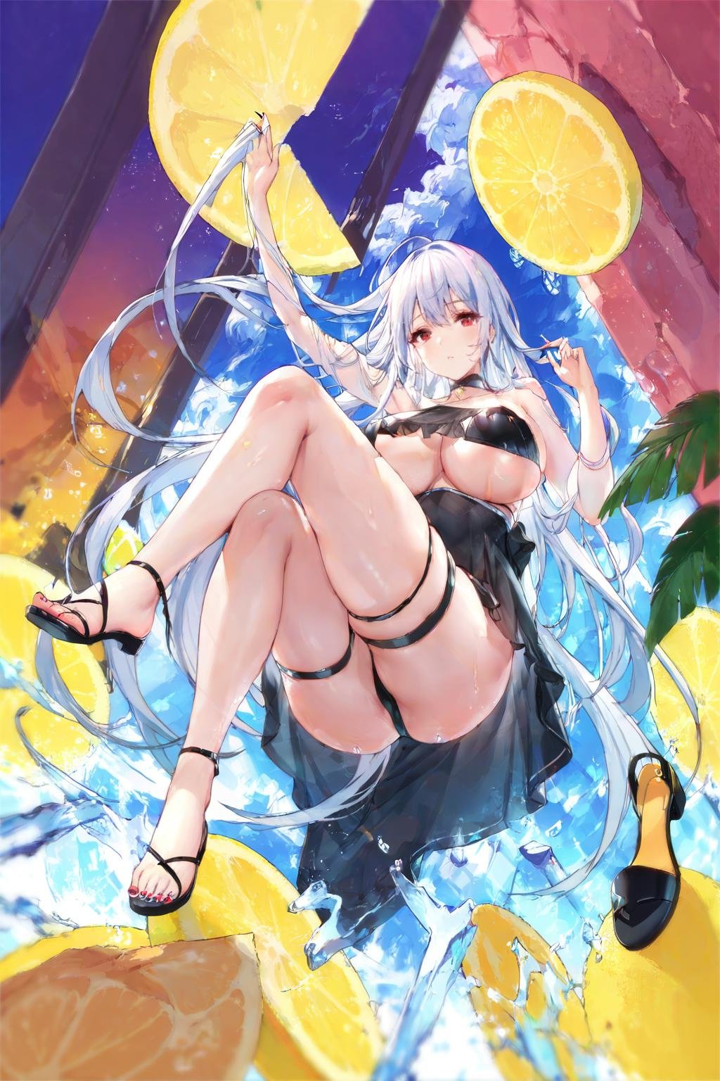 (masterpiece, best_quality:1.2), by swd3e22, 1girl, solo, breasts, long hair, large breasts, feet, white hair, black dress, toenail polish, looking at viewer, very long hair, thigh strap, food, nail polish, holding, sandals, ass, thighs, toes, black footwear, toenails, barefoot, bare shoulders, red eyes, lemon, choker, shoes, underboob cutout, arm up, swimsuit, fruit, bangs,  <lora:swd3e22NoiseColorOffset1:1>