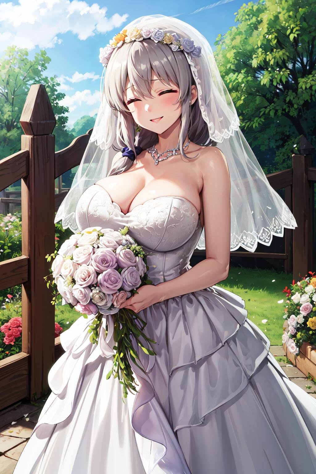 masterpiece,best quality,highres,ultra-detailed,aatsuki,closed eyes,long hair,hair between eyes,bangs,hair over shoulder,huge breasts,<lora:uzaki_tsuki:0.8>,(wedding dress:1.2),white dress,(veil:1.2),garden,smile,outdoors,standing,cowboy shot,holding bouquet,