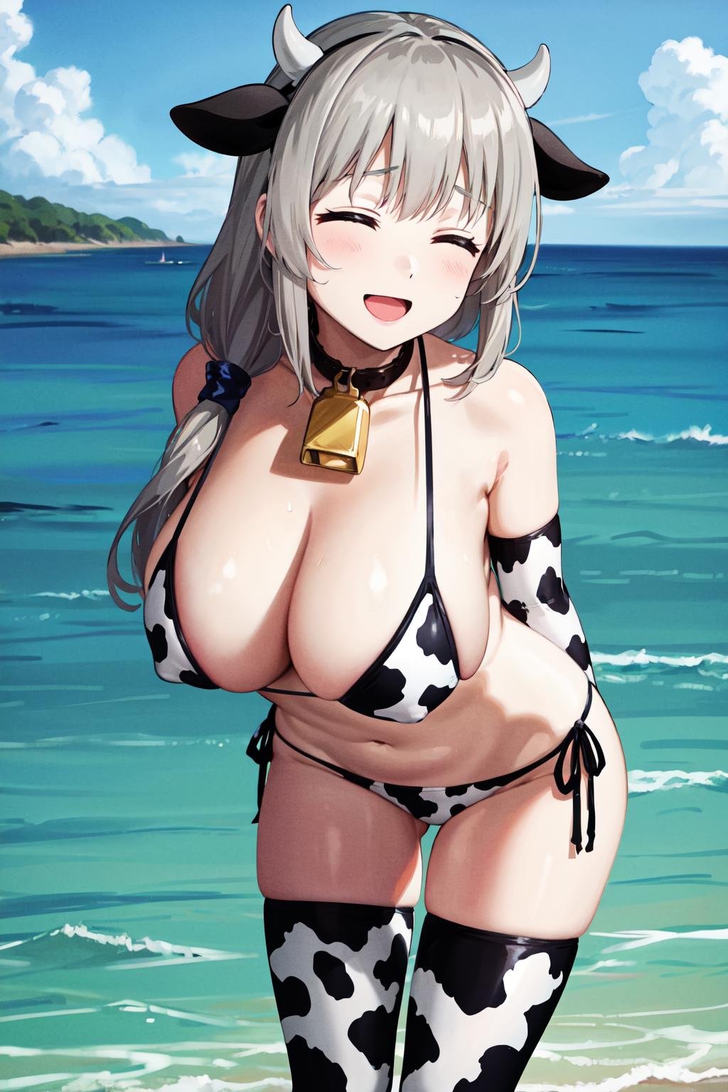 masterpiece,best quality,highres,ultra-detailed,bbtsuki,cow print,closed eyes,cow horns,hairband,cow ears,long hair,bangs,huge breasts,neck bell,cowbell,swimsuit,bikini,micro bikini,side-tie bikini bottom,gloves,elbow gloves,white thighhighs,<lora:uzaki_tsuki:0.8>,standing,ocean,:d,leaning_forward,arms_behind_back,