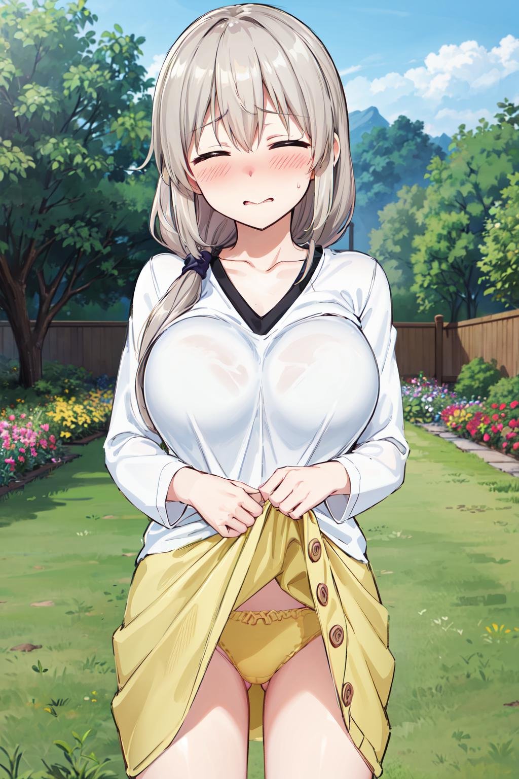 masterpiece,best quality,highres,ultra-detailed,aatsuki,closed eyes,long hair,hair between eyes,bangs,hair over shoulder,huge breasts,shirt,white shirt,collarbone,long sleeves,long skirt,yellow skirt,buttons,<lora:uzaki_tsuki:0.8>,(skrti lift:1.4),(blush:1.2),(embarrass:1.4),outdoors,garden,panties,