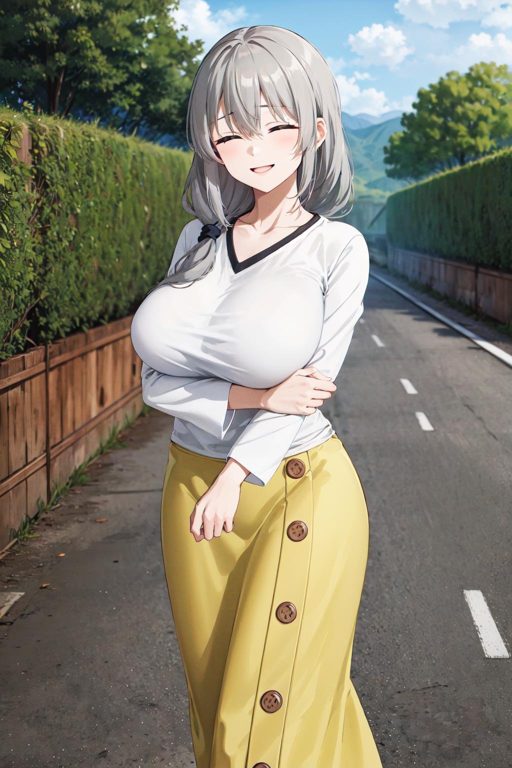 masterpiece,best quality,highres,ultra-detailed,aatsuki,closed eyes,long hair,hair between eyes,bangs,hair over shoulder,huge breasts,shirt,white shirt,collarbone,long sleeves,long skirt,yellow skirt,buttons,shoes,grey footwear,<lora:uzaki_tsuki:0.8>,outdoors,standing,cowboy shot,smile,